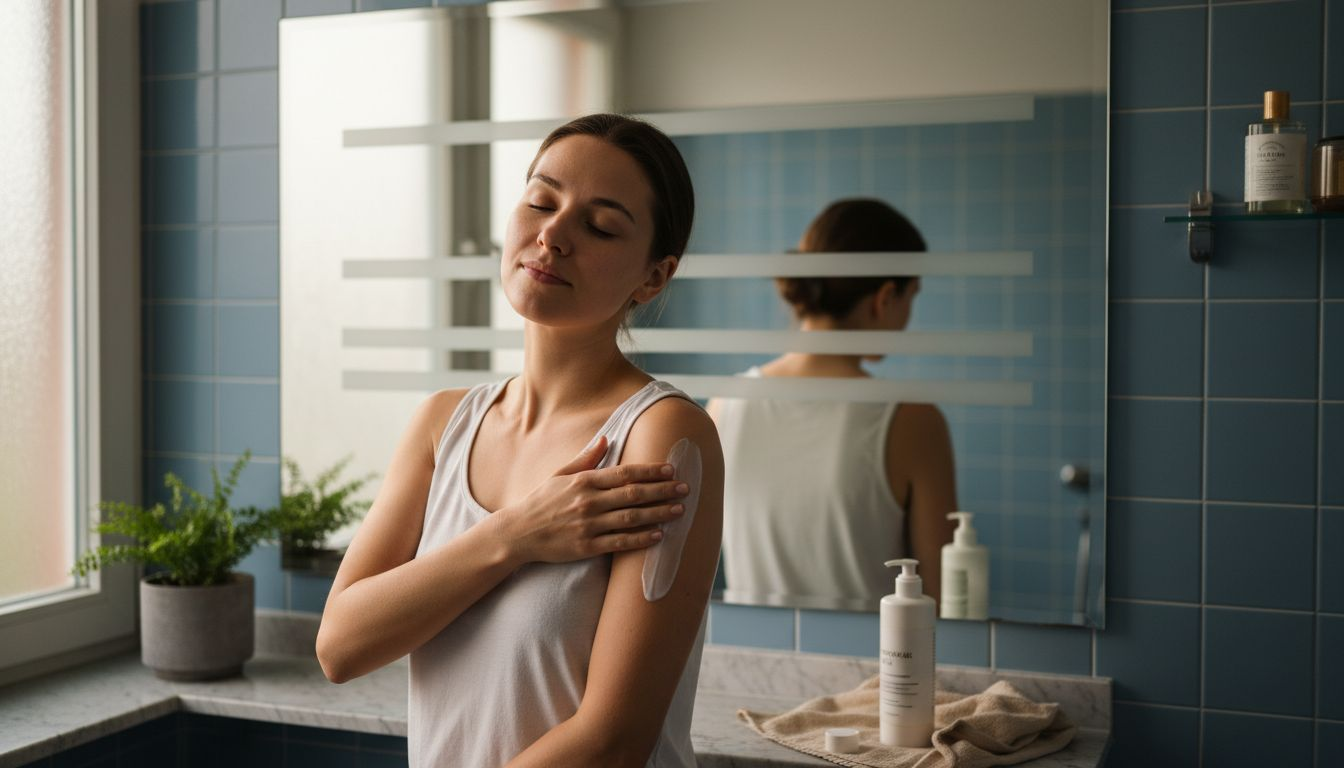 Žena si před tetováním pečlivě hydratuje pokožku na ruce.
