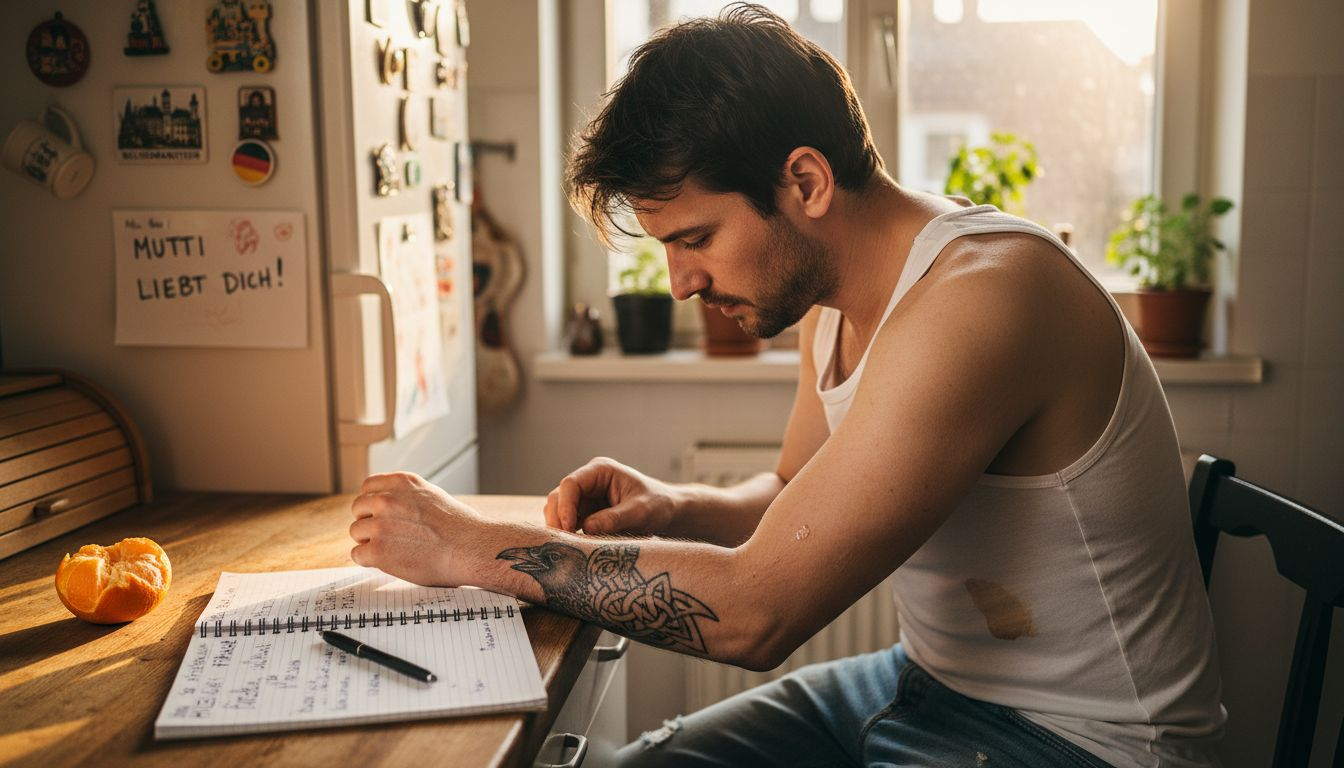 Ein Mann beobachtet am Küchentisch, wie sein frisches Tattoo verheilt.