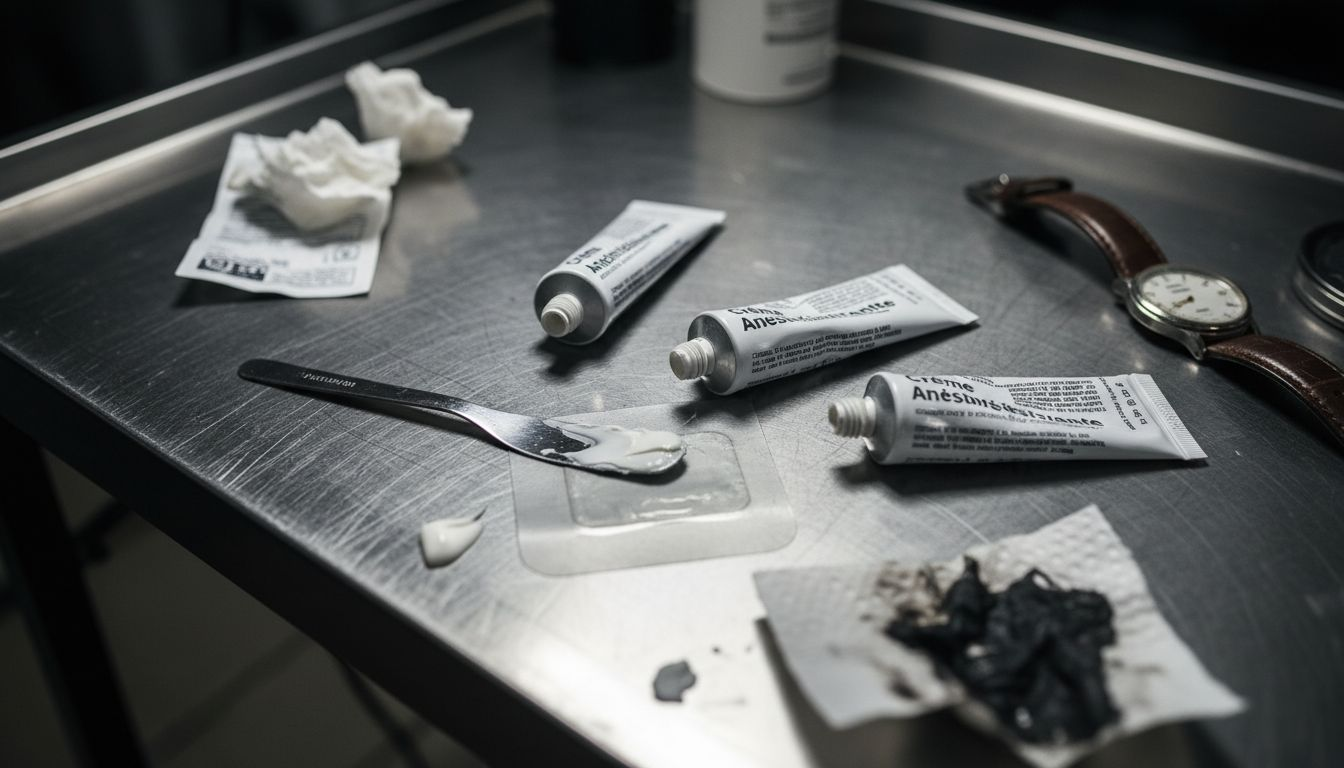 Crèmes et patchs anesthésiants disponibles sur la table du tatoueur