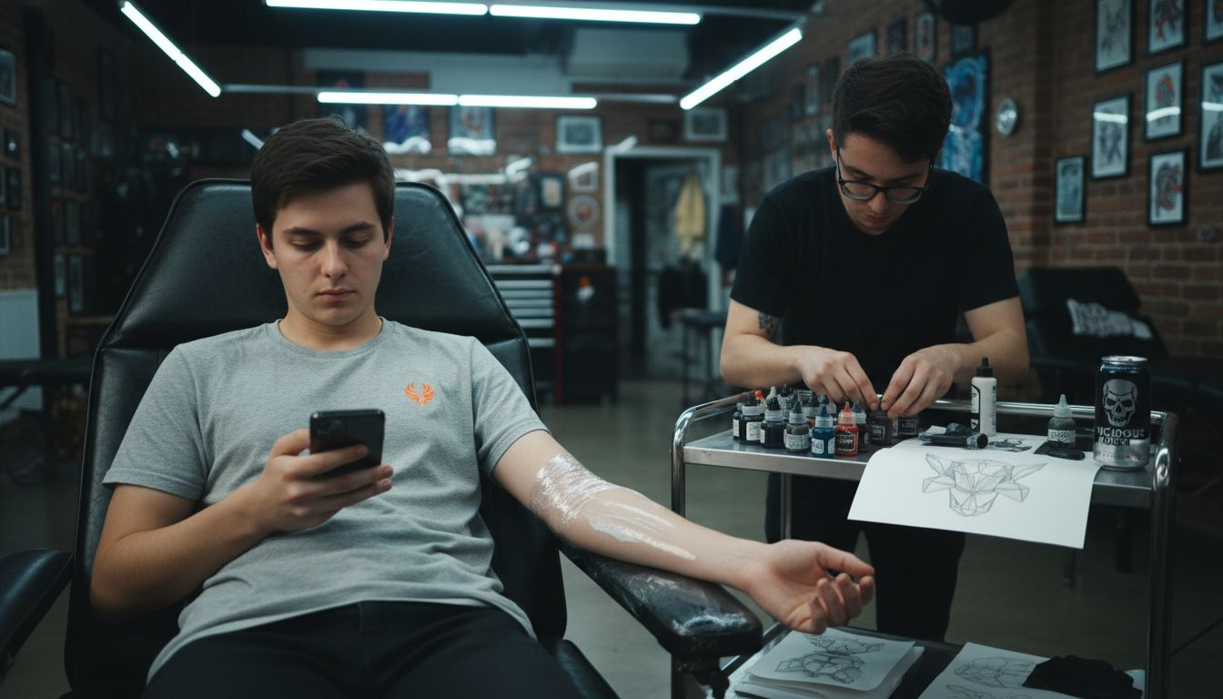 Client relaxes with numbing cream for tattoo