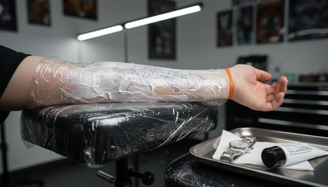 Numbing cream covered by plastic wrap on skin