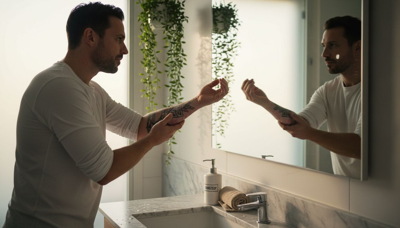 Man bekijkt zijn nieuwe tatoeage in de spiegel