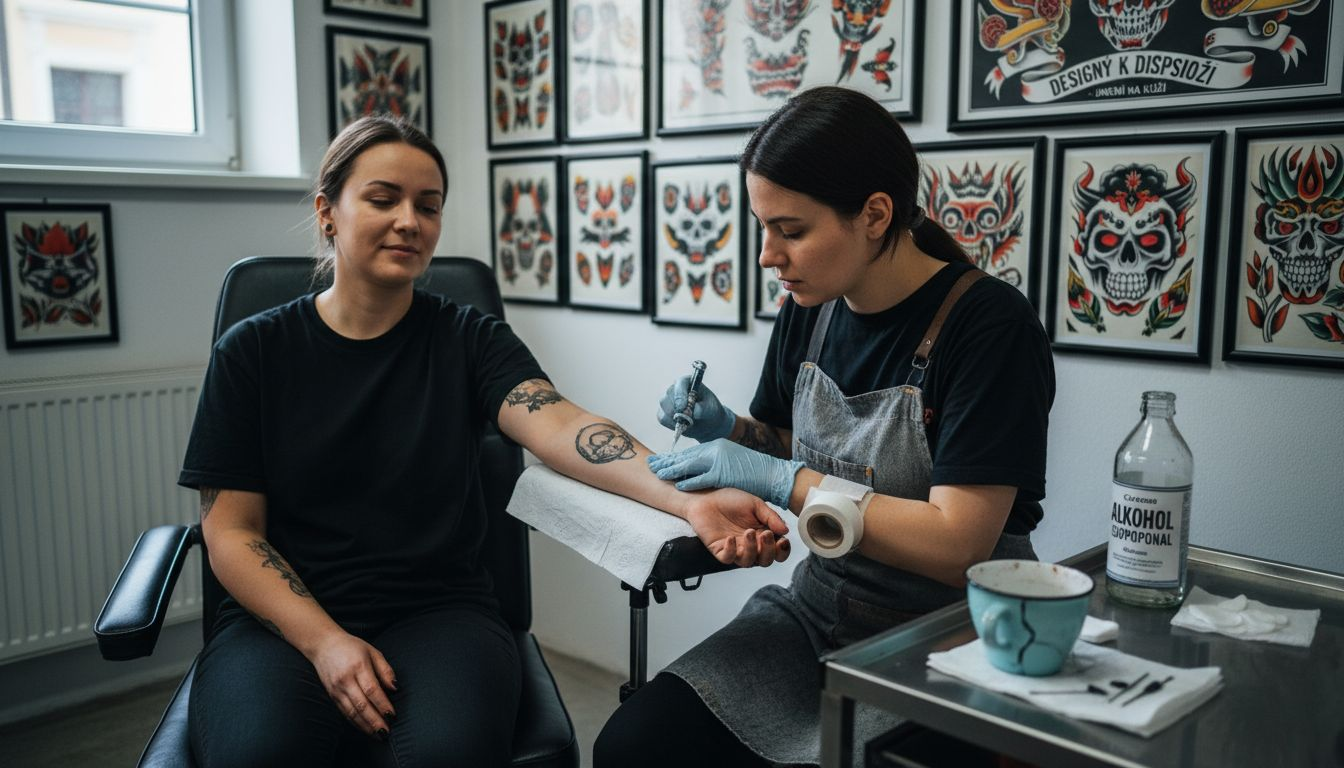Tatér připravuje pokožku klienta na tetování.