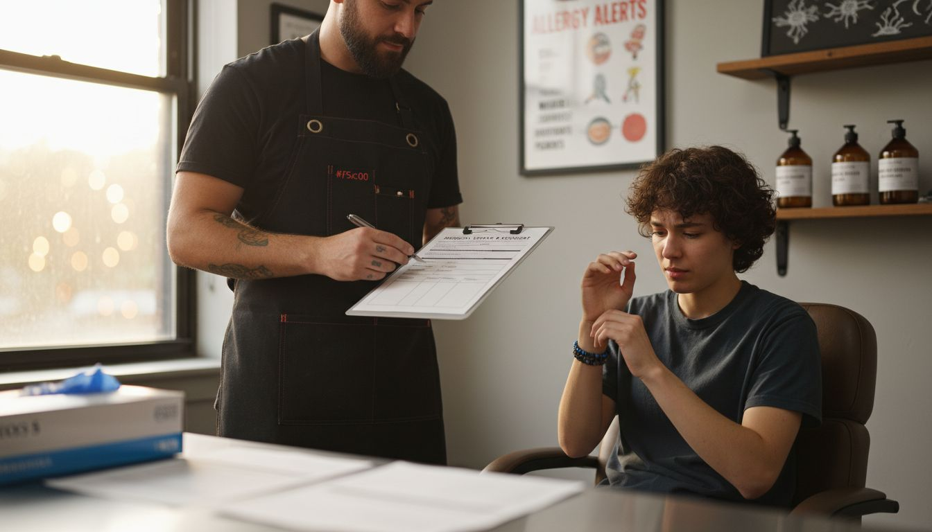 Tattoo artist checks client medical intake form
