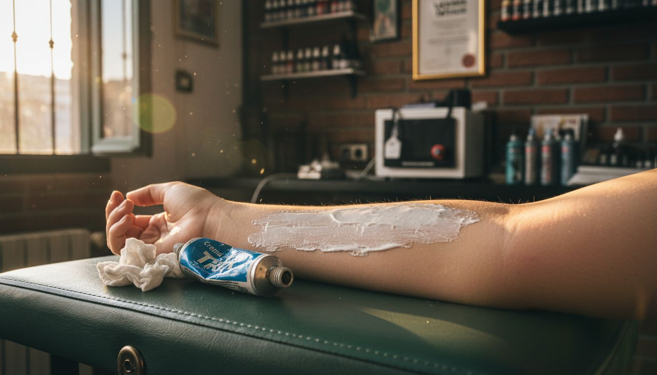 Antebrazo preparado con crema anestésica antes de empezar el tatuaje en el estudio