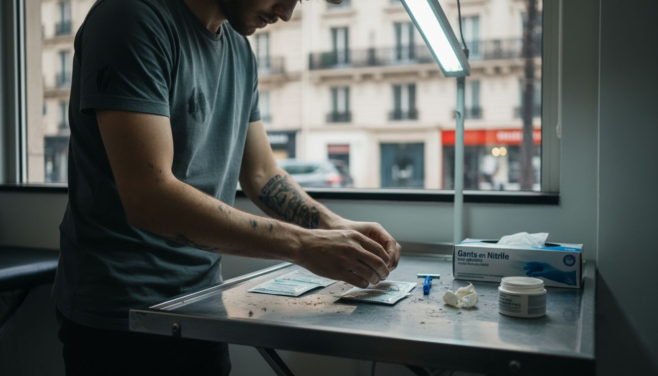 Le tatoueur dispose soigneusement ses instruments afin d’assurer une préparation stérile avant la séance.
