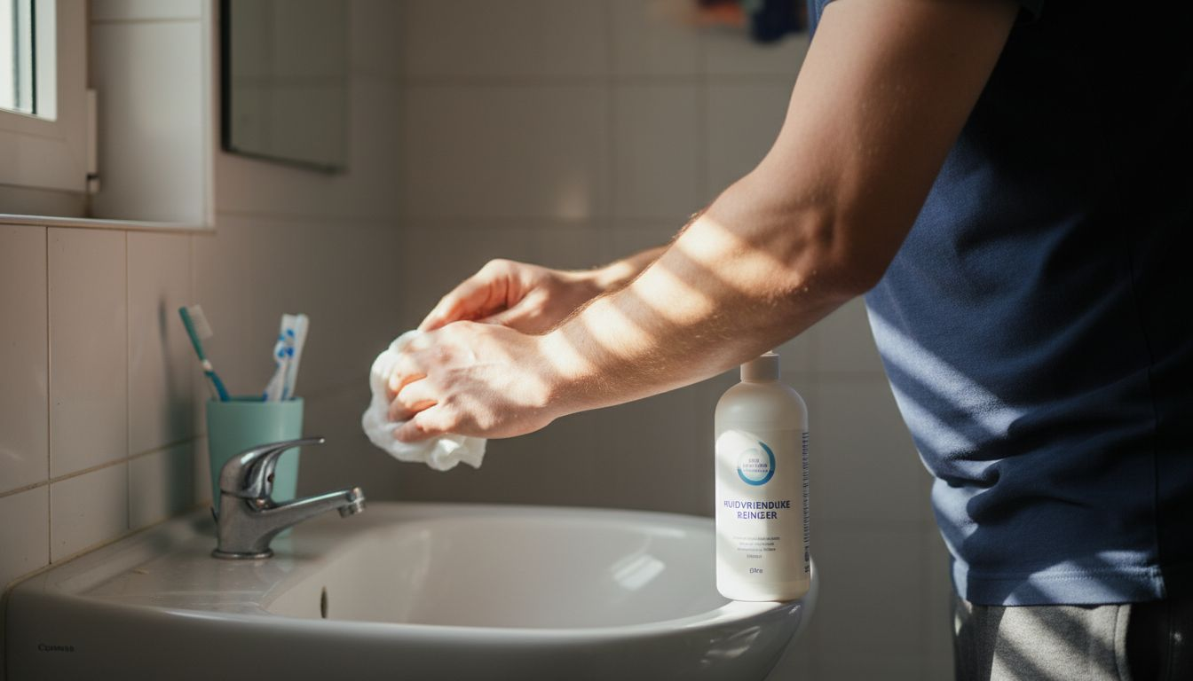 Man maakt huid schoon voorafgaand aan een tatoeagesessie