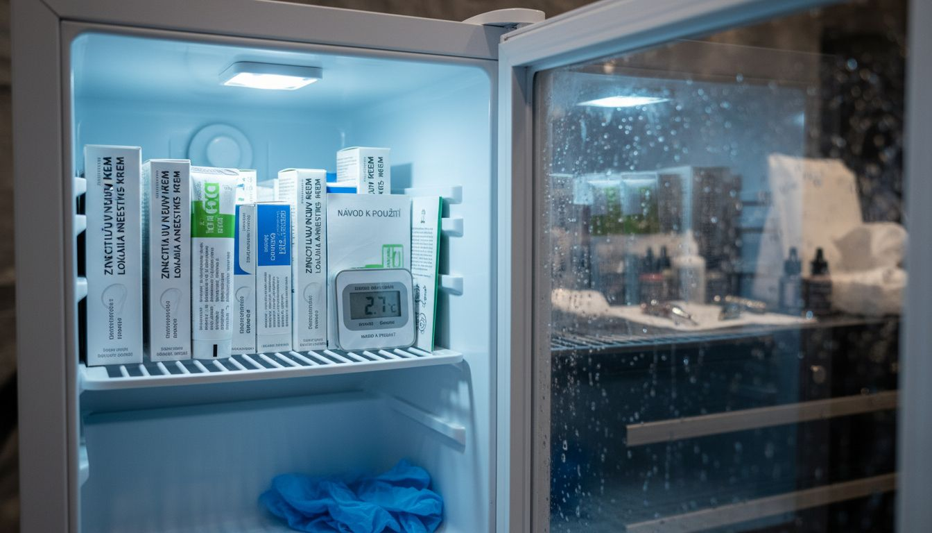 Detailní pohled na anestetické krémy uložené v malém ledničce.