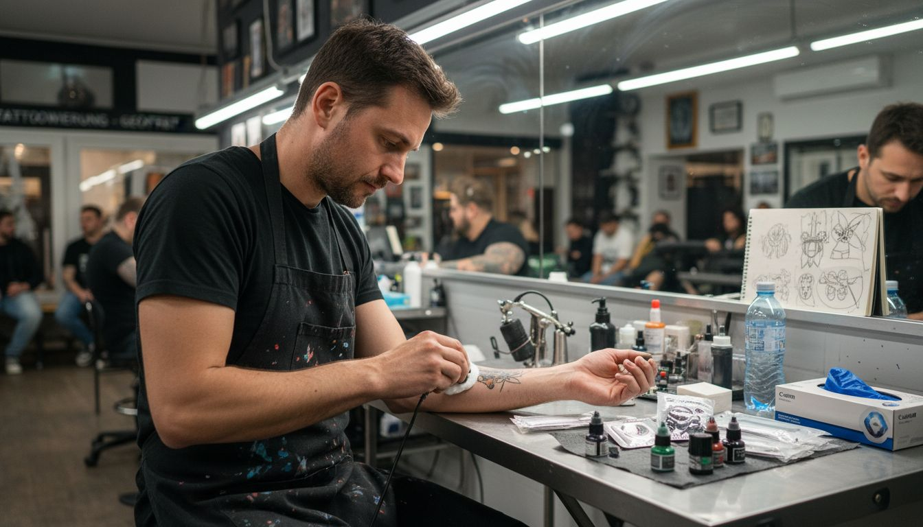 Vor dem Stechen reinigt der Tätowierer die Haut gründlich, um optimale Hygiene zu gewährleisten.