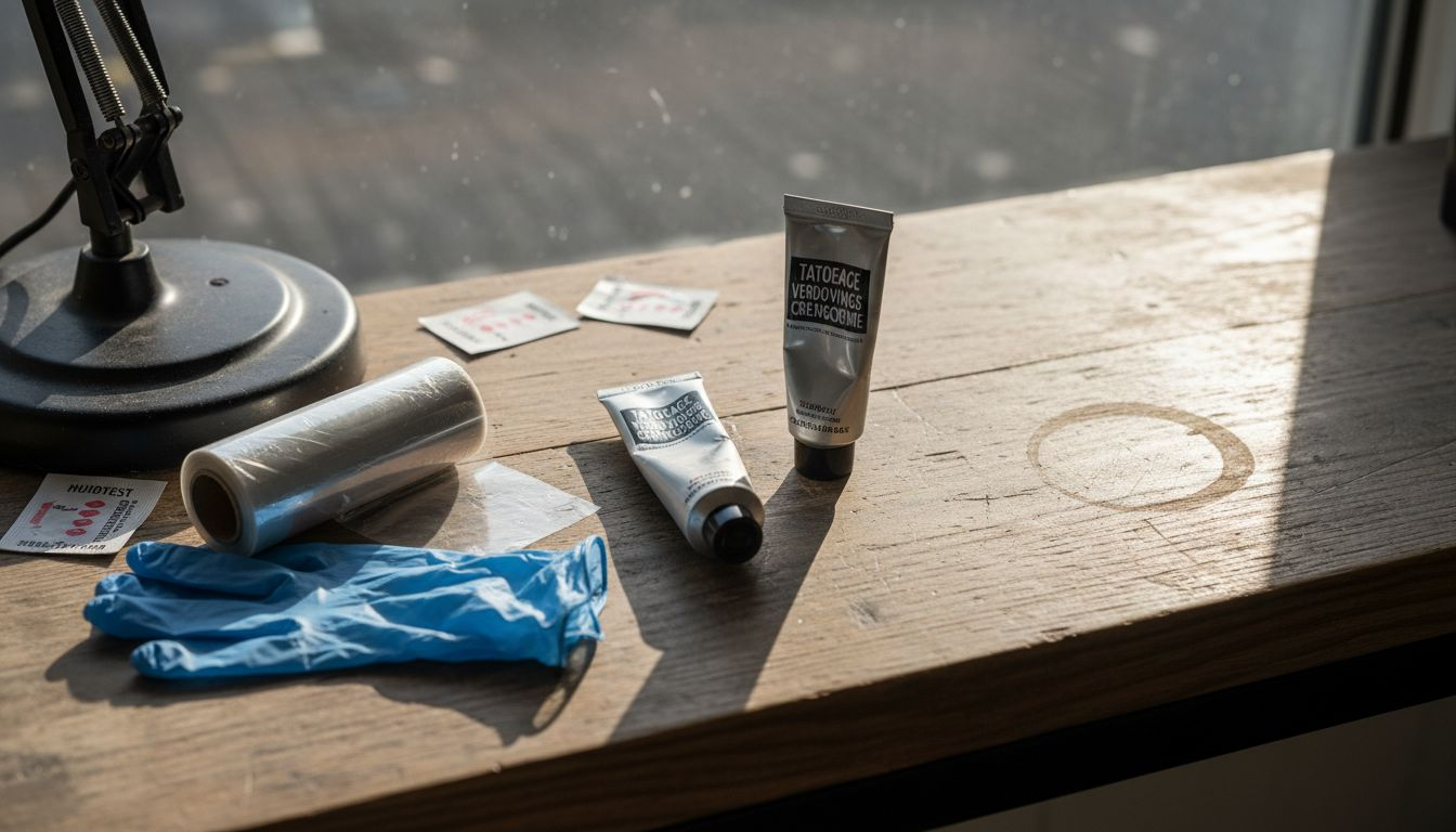 Verdovende crèmes en benodigdheden liggen klaar op de werktafel in de studio.