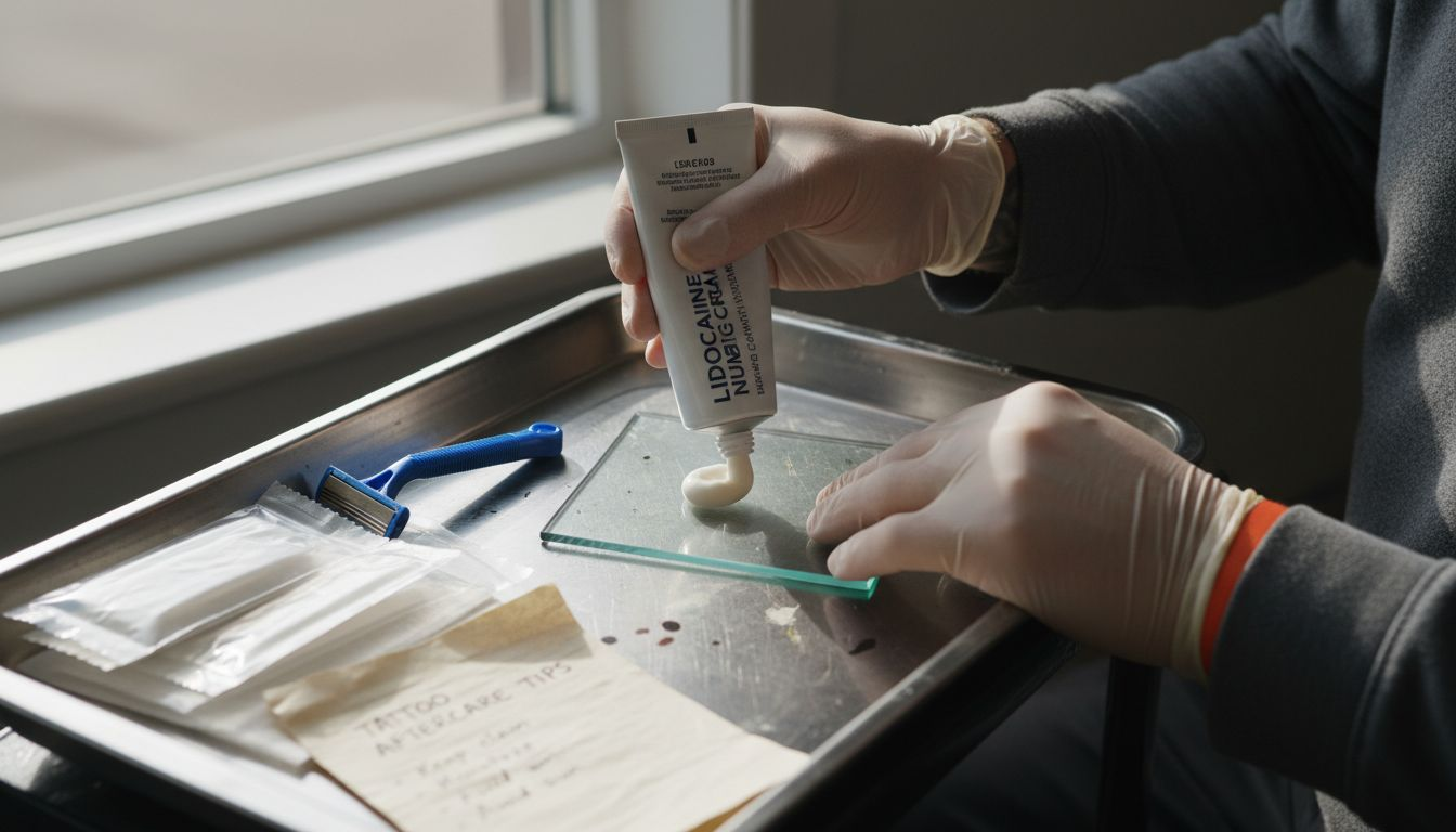 Person applying lidocaine numbing cream on tray
