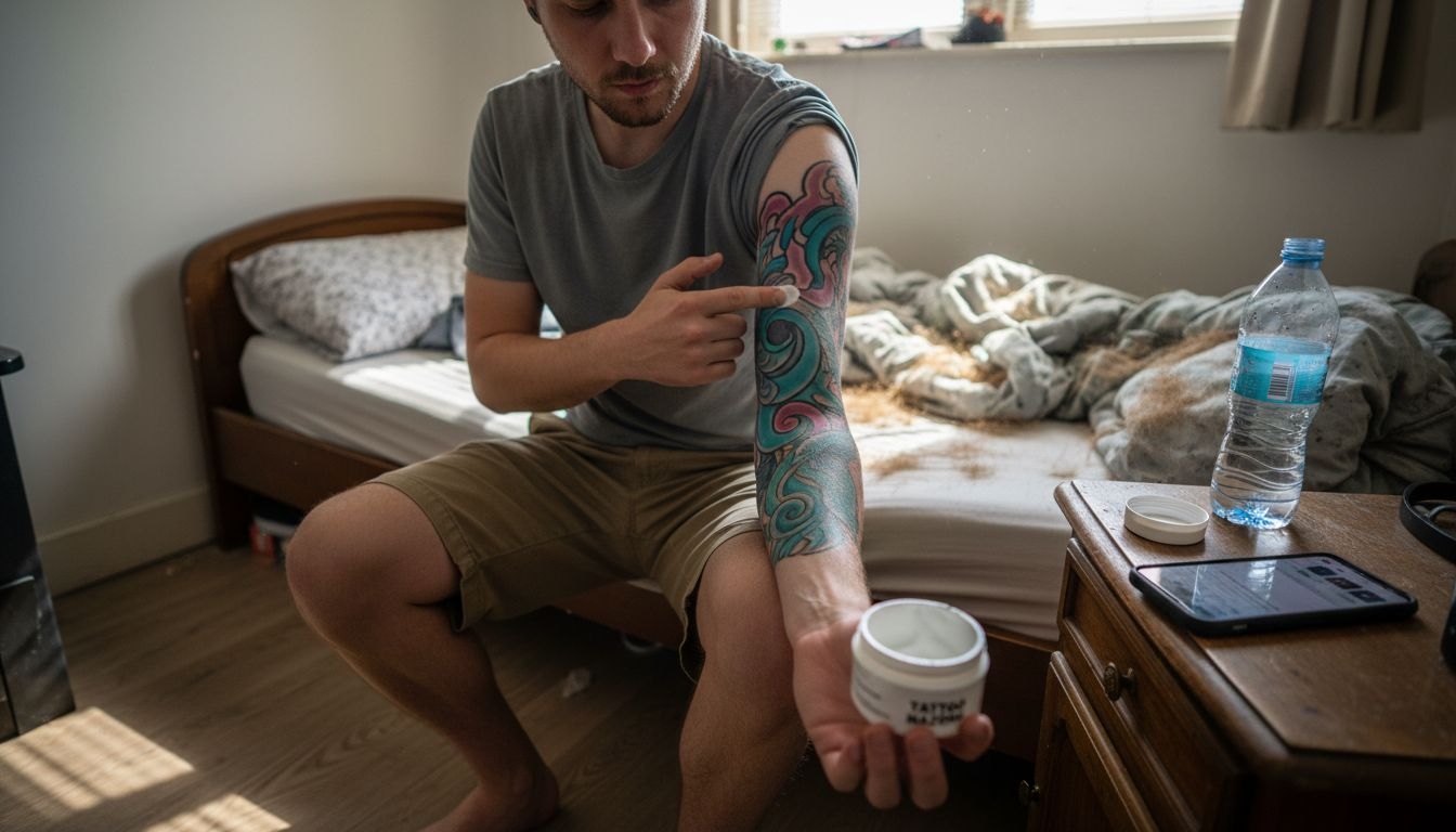 Een man smeert voorzichtig zalf op zijn pas gezette tatoeage op zijn bovenarm.