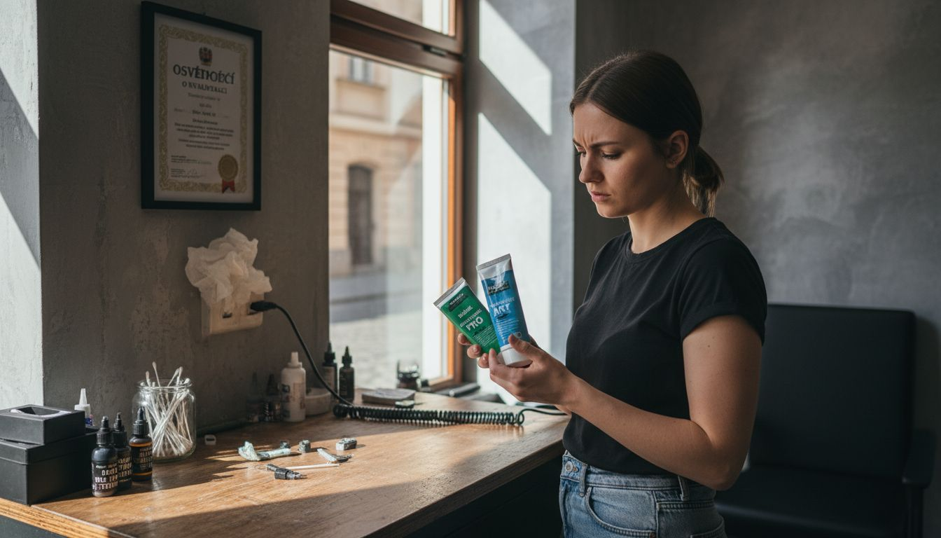 Zákazník si v tetovacím studiu vybírá mezi různými znecitlivujícími krémy.