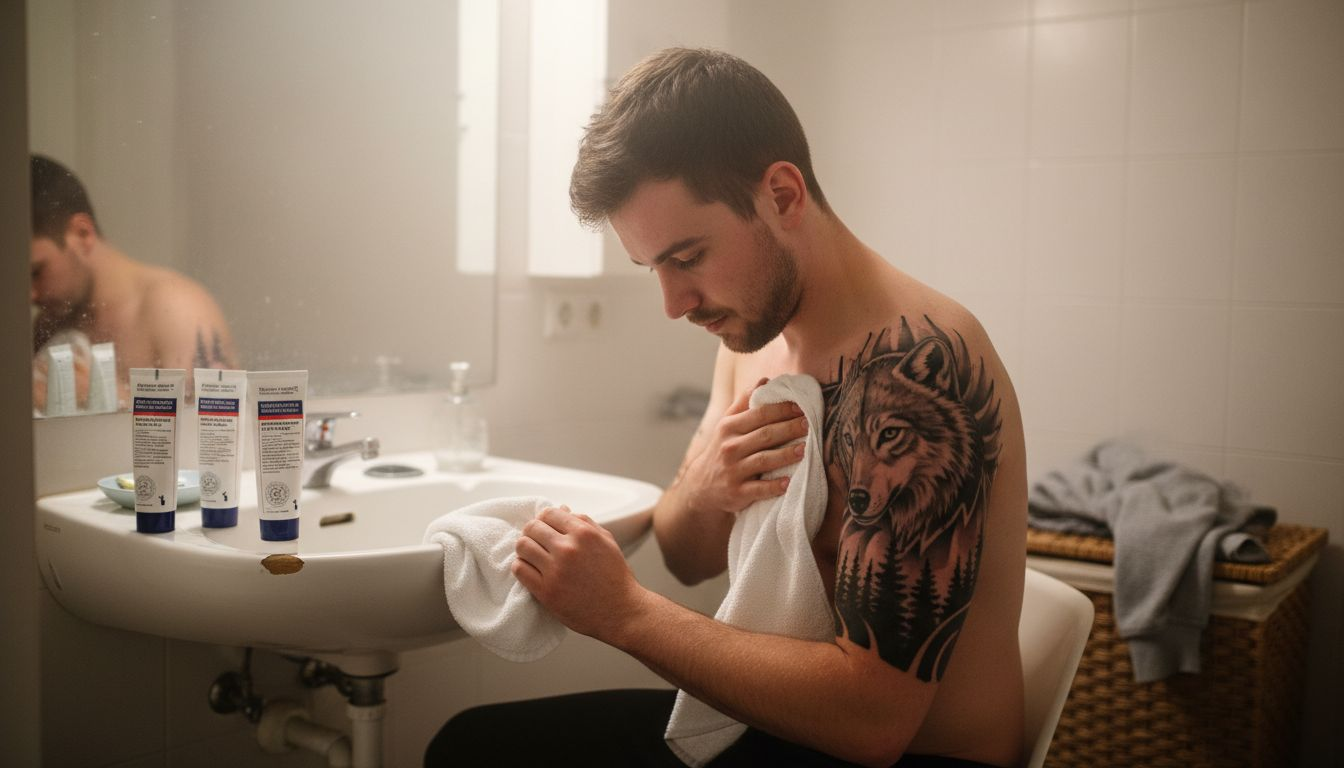 Ein Mann tupft vorsichtig sein frisch gestochenes Tattoo mit einem Handtuch ab.