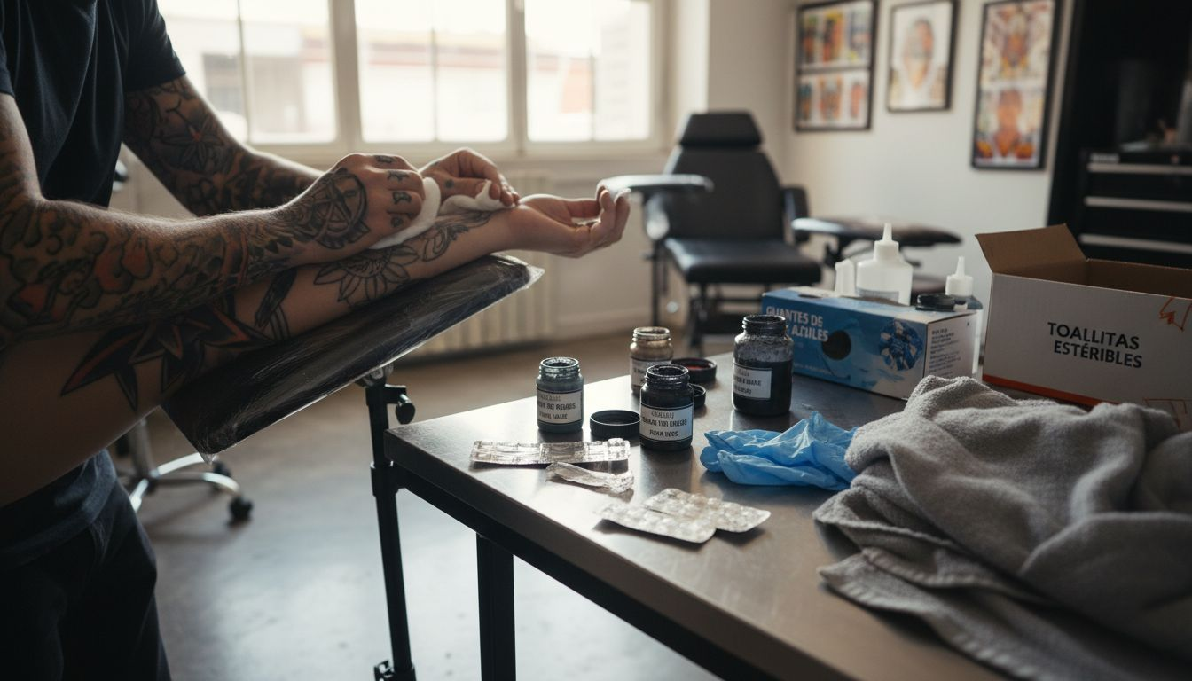 El tatuador prepara la piel del cliente antes de comenzar el diseño.