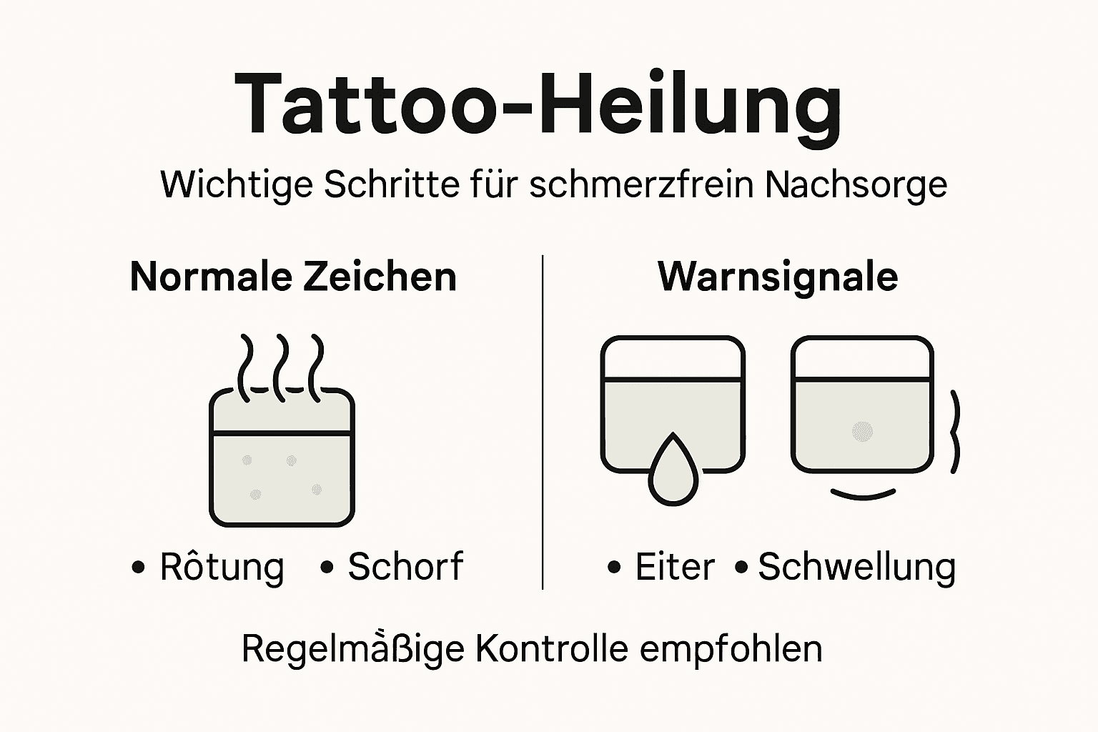 Diese Infografik veranschaulicht, woran du eine gesunde Tattoo-Heilung erkennst und auf welche Warnsignale du achten solltest.