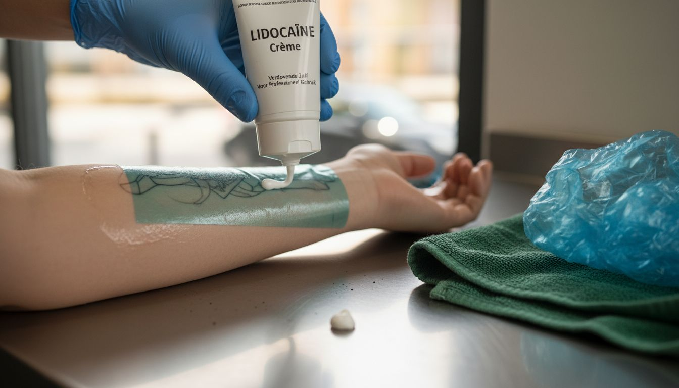 Een gehandschoende hand brengt zorgvuldig lidocaïnecrème aan op de huid.