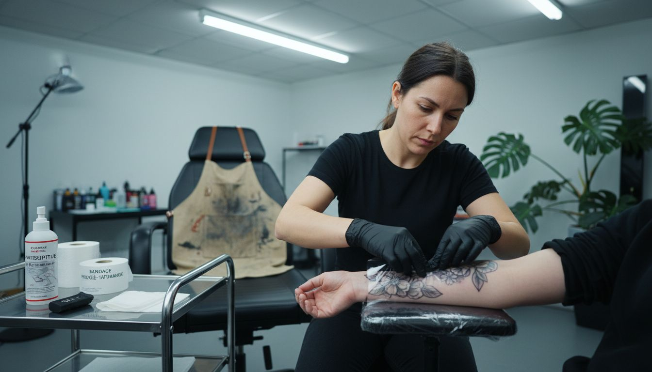 Le tatoueur protège le nouveau tatouage en posant un pansement.