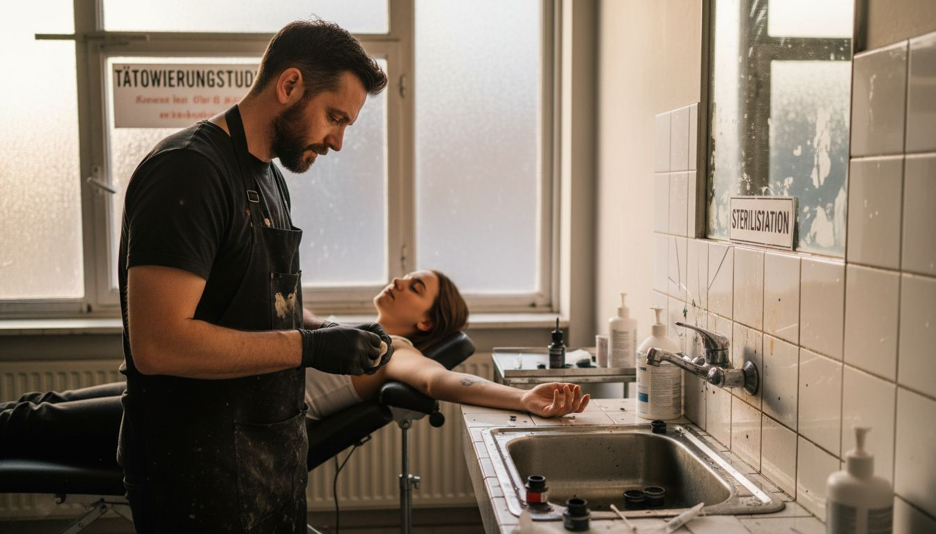 Der Tätowierer reinigt sorgfältig die Haut seines Kunden, bevor er mit dem Stechen beginnt.
