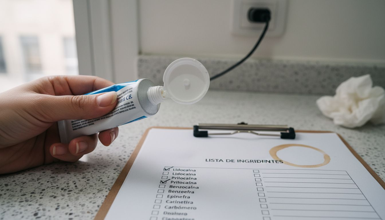 Mano sosteniendo una crema para tatuajes junto a una lista de recomendaciones.