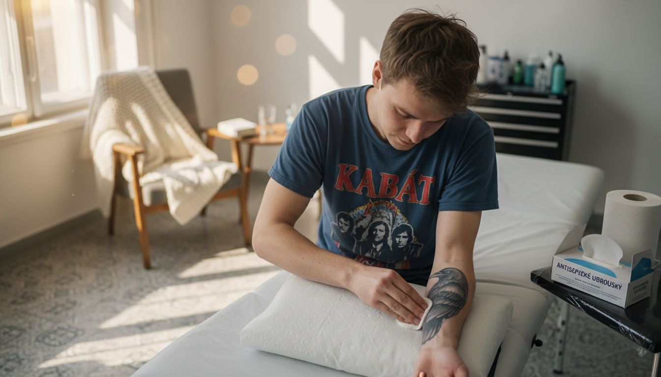 Muž si před tetováním důkladně připravuje a čistí kůži.