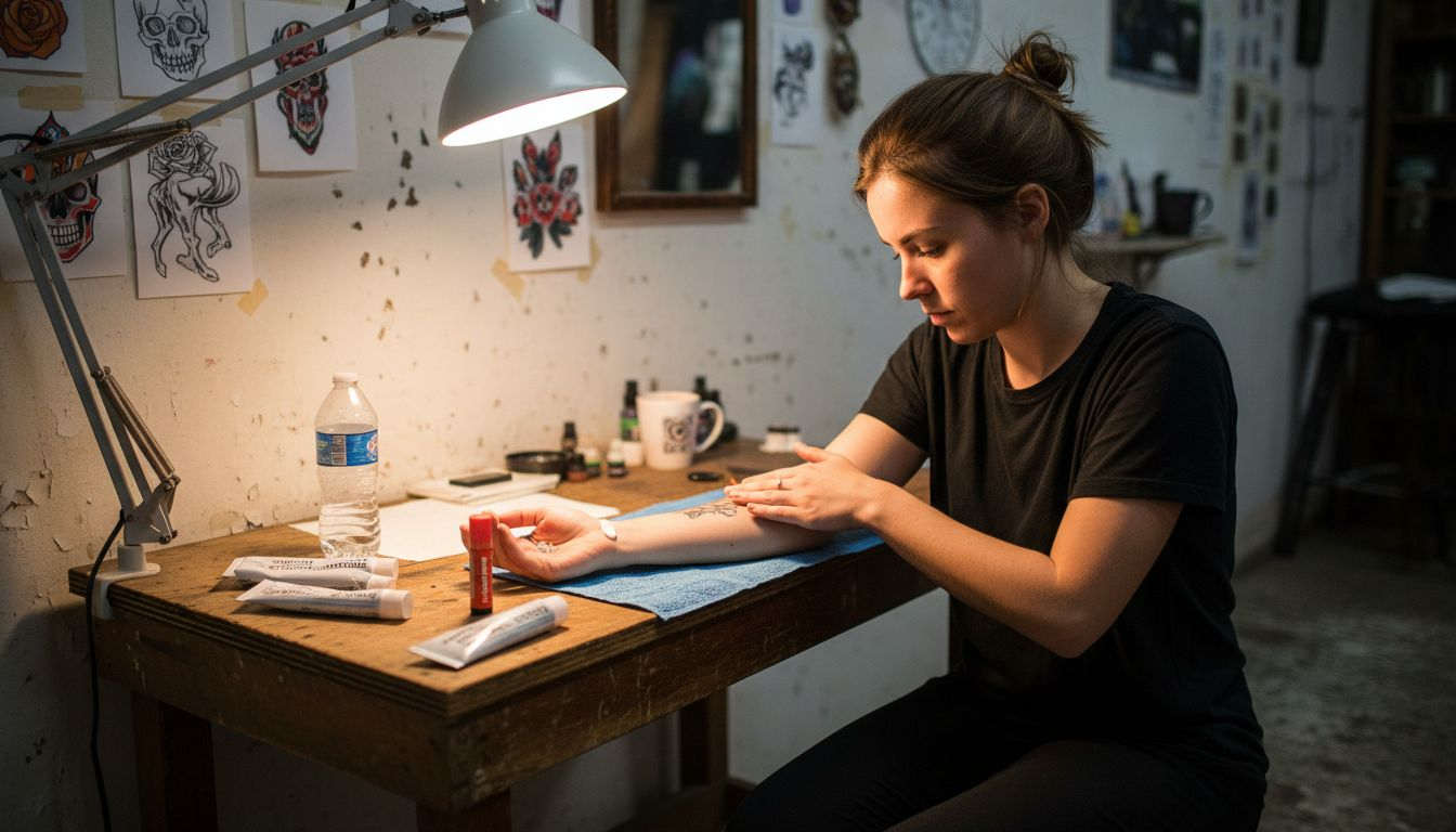 Tattoo client applies numbing cream in parlor