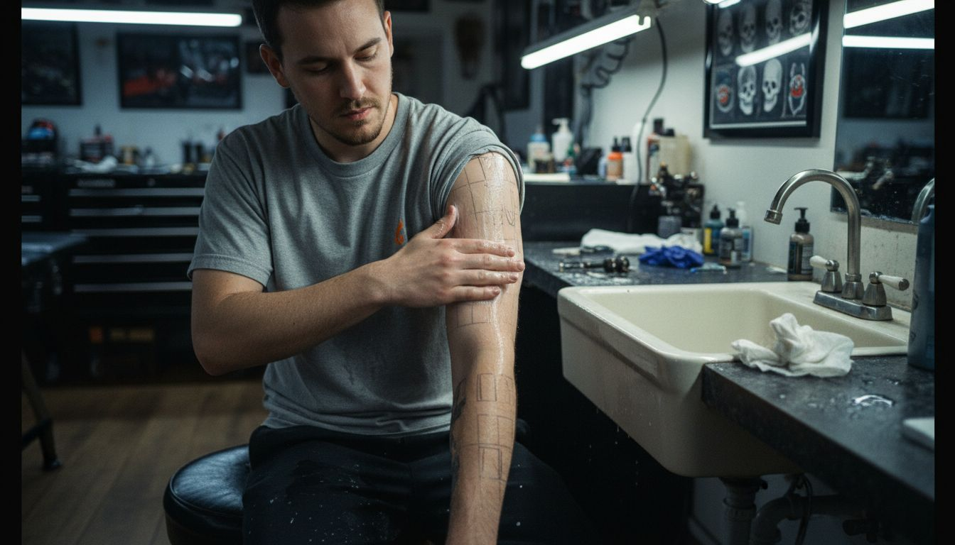 Client washing arm before tattoo numbing cream