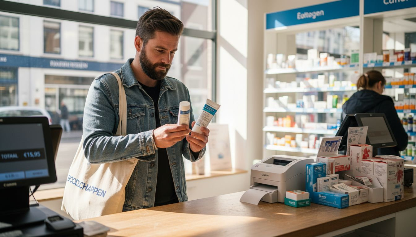 Man bekijkt verschillende verdovende crèmes bij de apotheek om te vergelijken welke het beste bij hem past.