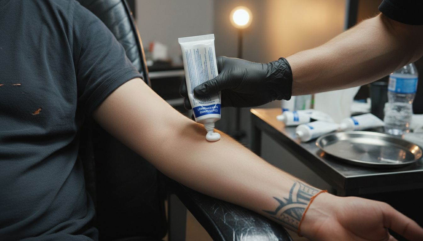Applying lidocaine cream onto forearm for tattoo