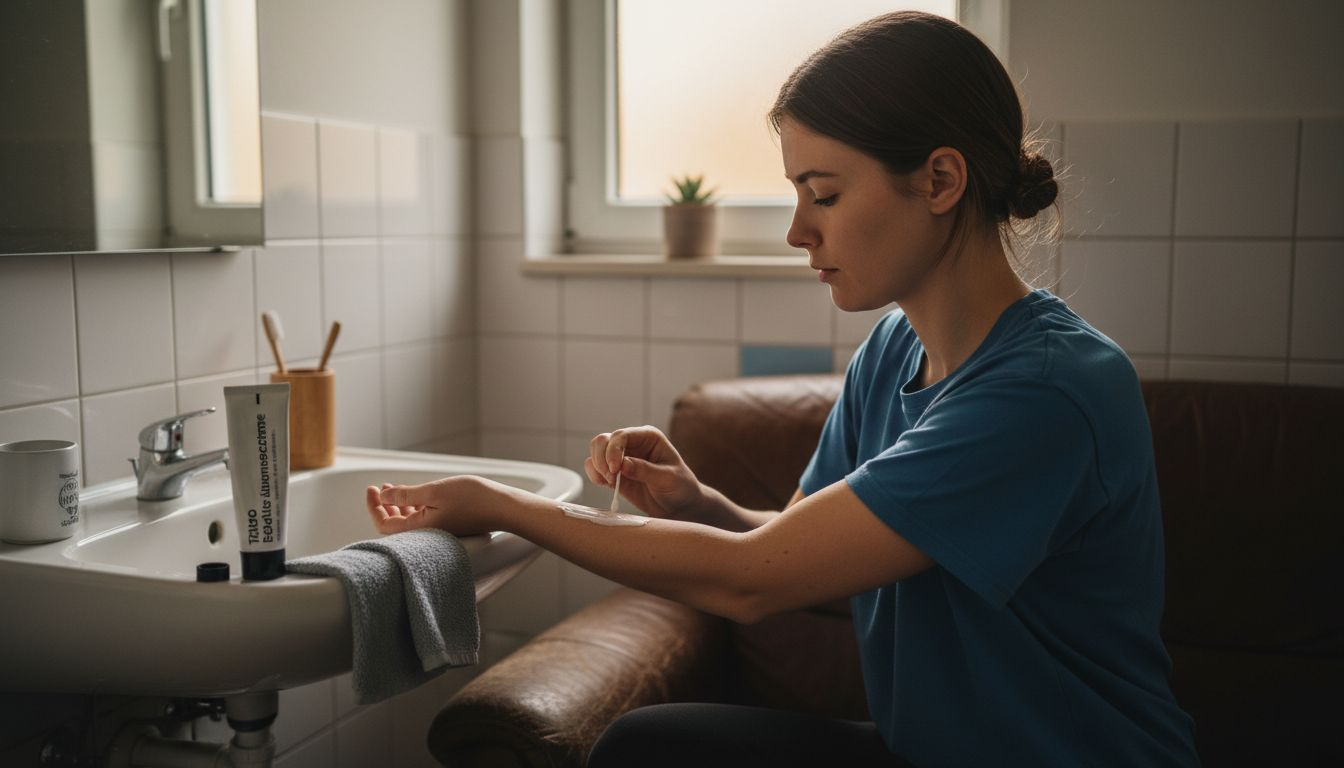 Bevor sie sich tätowieren lässt, trägt die Frau eine betäubende Creme auf.