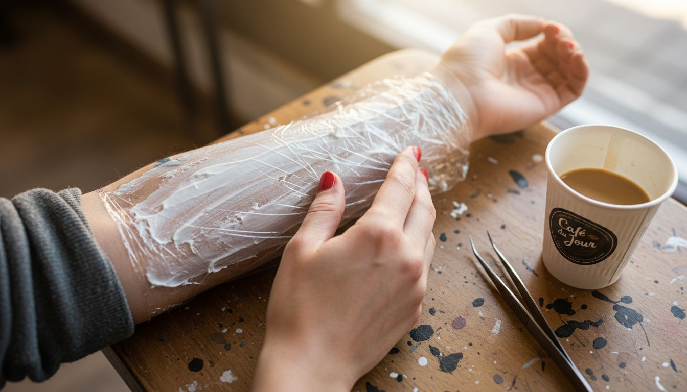 Le professionnel applique une crème anesthésiante sur la zone à tatouer.