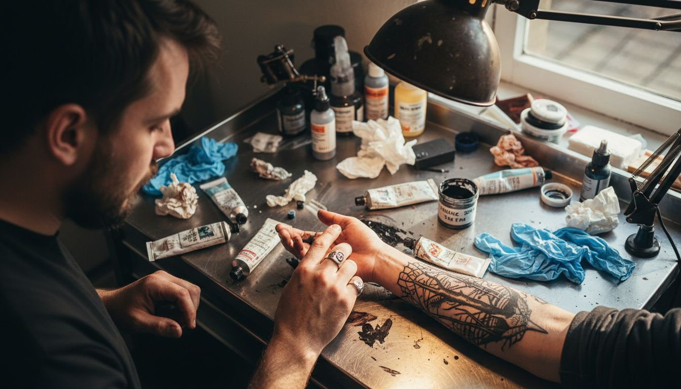 Der Tätowierer prüft die Haut, nachdem eine Betäubungscreme aufgetragen wurde.