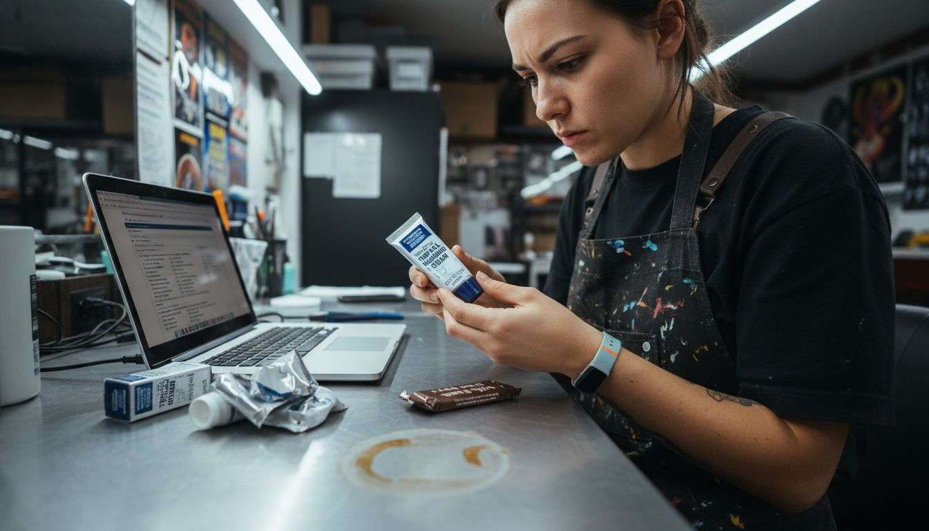 Tattooist checking numbing cream ingredients