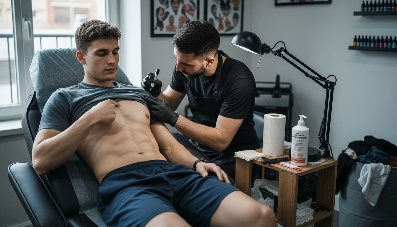 Un tatoueur travaille sur le côté du thorax, marquant la peau d’un motif unique.