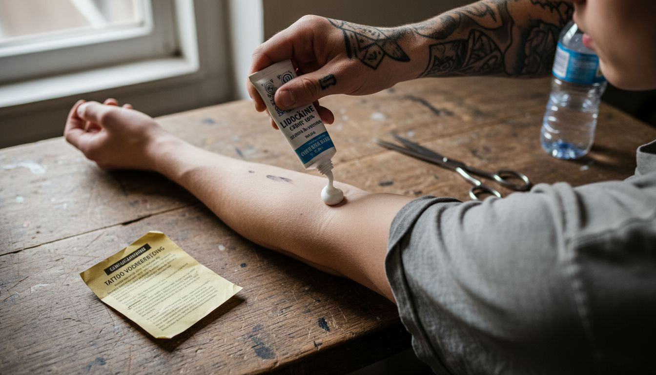 Detailopname van het aanbrengen van lidocaïnecrème vóór het zetten van een tatoeage