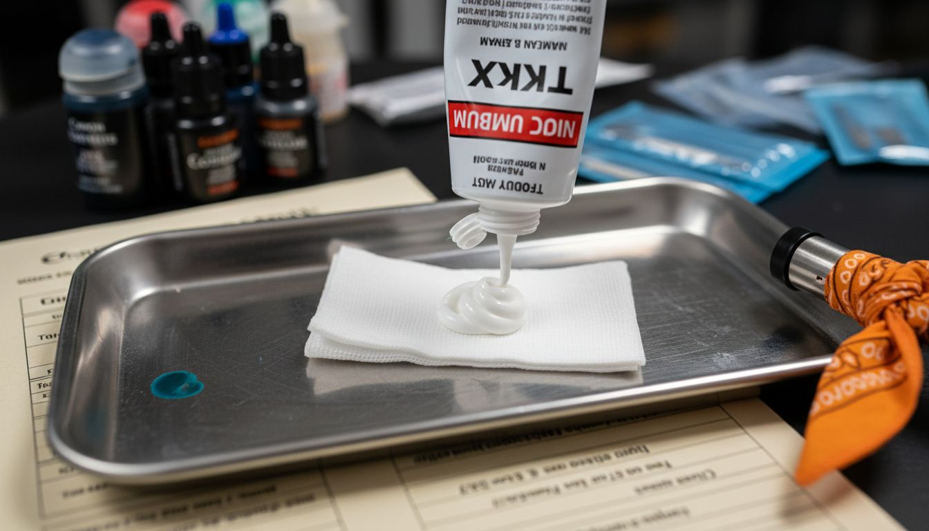 Numbing cream tube and tattoo supplies close up