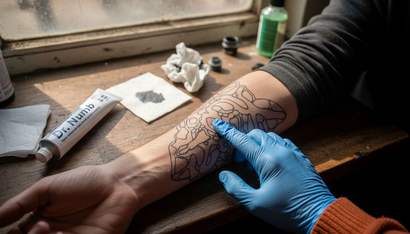 Forearm with tattoo, artist checks numbing effect