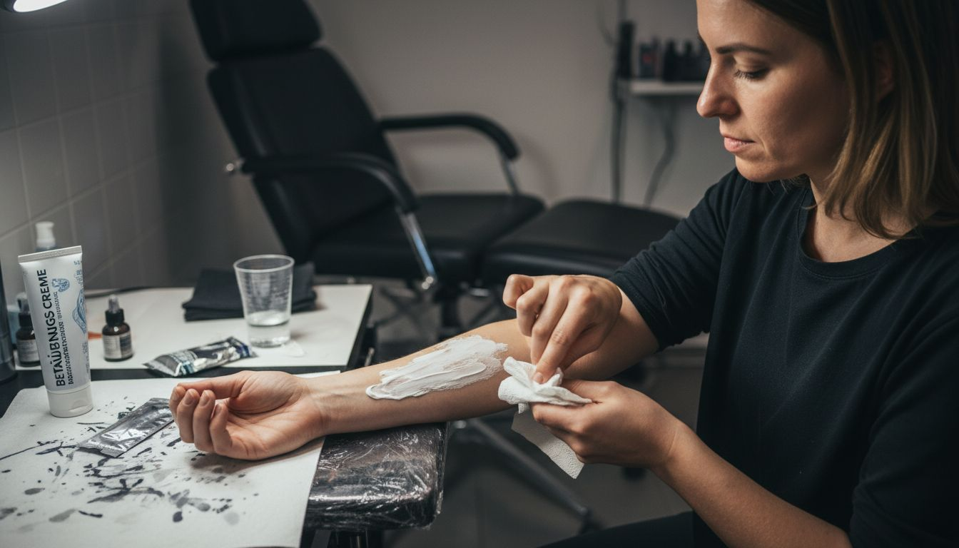 Eine Frau trägt eine betäubende Creme auf ihren Unterarm auf.