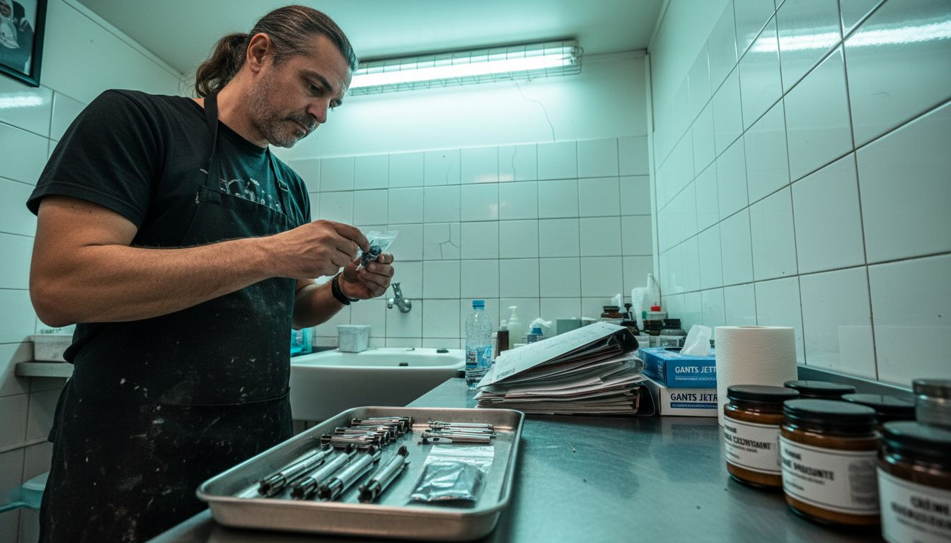 Dans son salon de tatouage, le propriétaire prend soin de préparer minutieusement ses instruments stérilisés afin de garantir une hygiène irréprochable et la sécurité de ses clients.