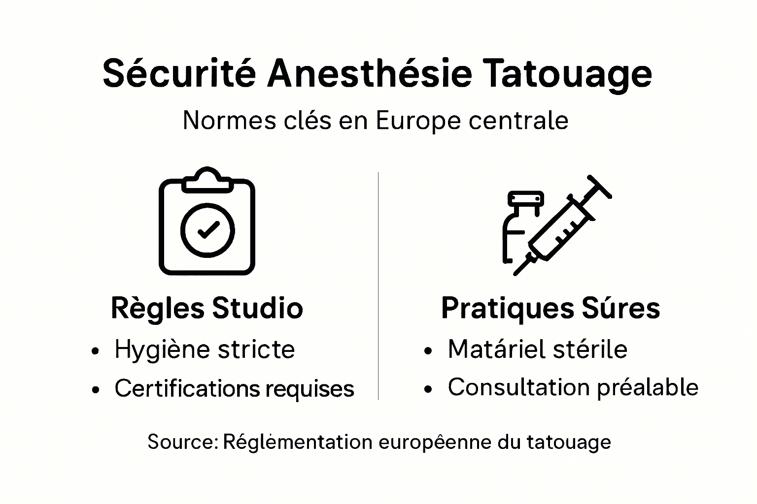 Illustration des règles de sécurité à respecter en anesthésie, présentées sous forme d’infographie façon tatouage
