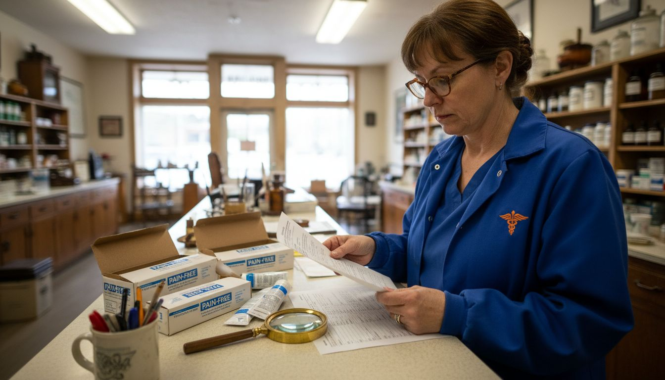 Pharmacist checking numbing cream ingredients and tubes