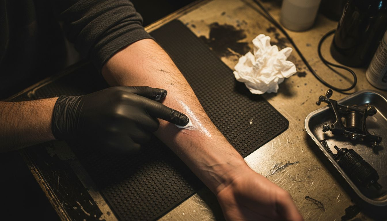 Detailopname van het insmeren van de huid vlak voor het zetten van een tatoeage.