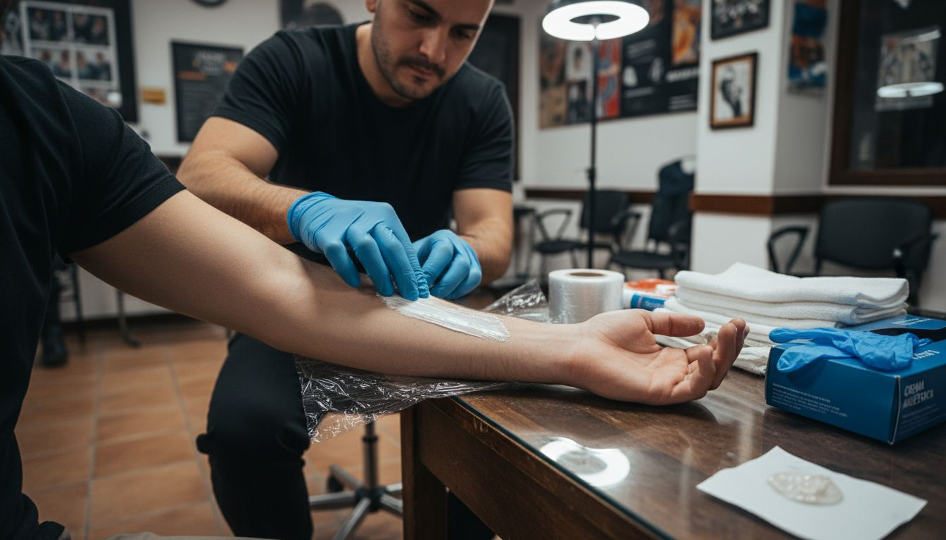 El tatuador aplica crema anestésica en la piel antes de comenzar el tatuaje.