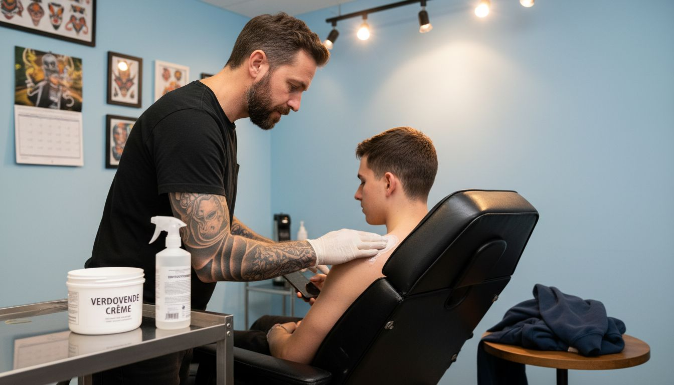 De tatoeëerder brengt verdovende crème aan op de huid van de klant.