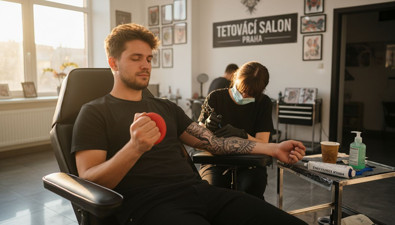 Zákazník u tetování během sezení střídá různé nálady – chvíli se směje, pak je nervózní nebo zamyšlený.