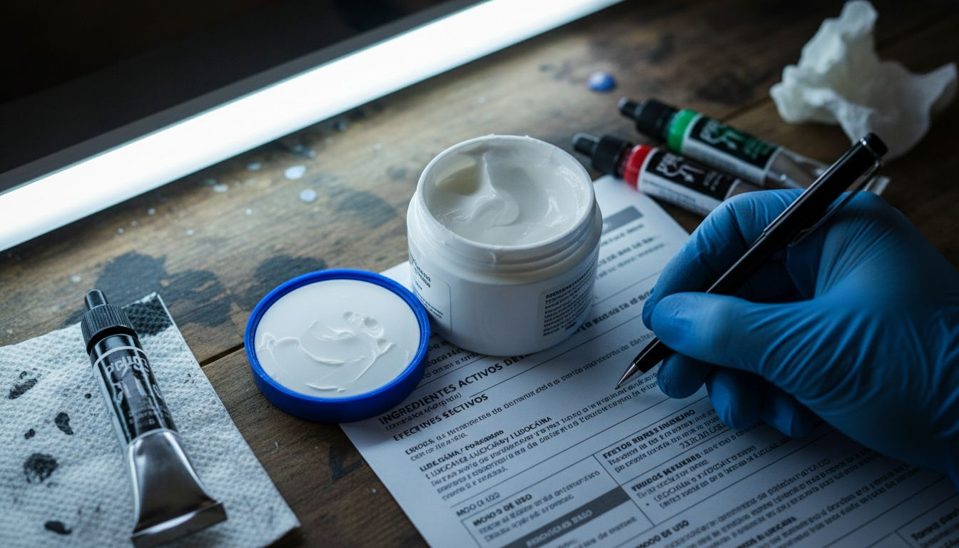 Ingredientes de la crema anestésica dispuestos sobre la mesa