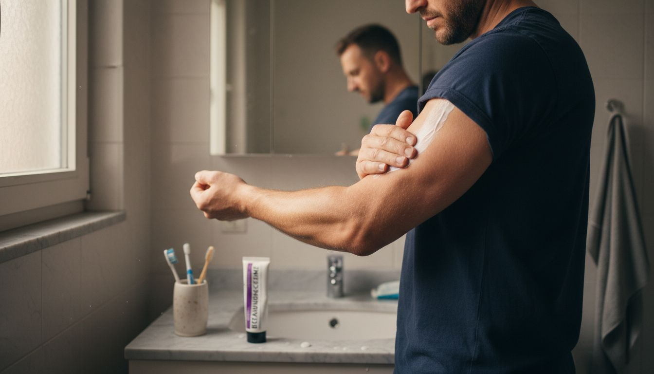 Ein Mann trägt zu Hause eine Betäubungscreme auf, um sich auf sein Tattoo vorzubereiten.