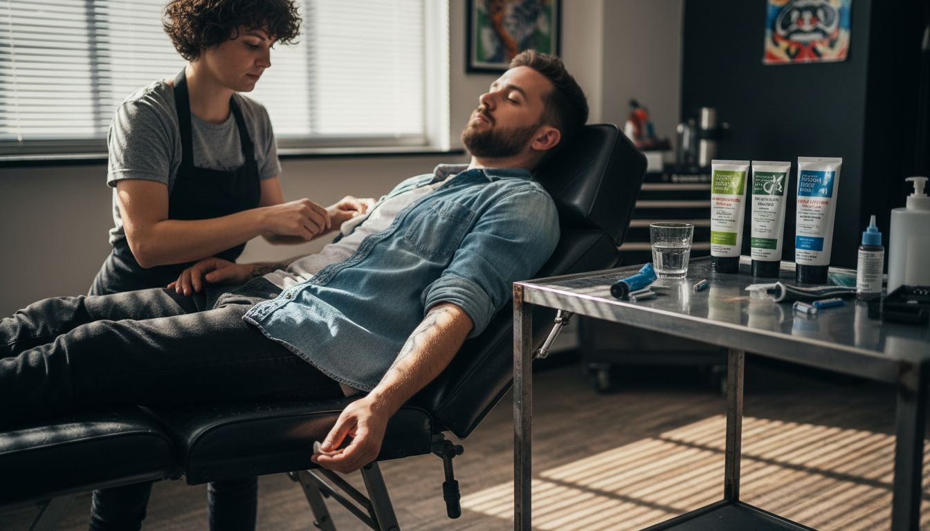 De tattoo-klant zit ontspannen in de stoel terwijl de verdovende crème zijn werk doet.