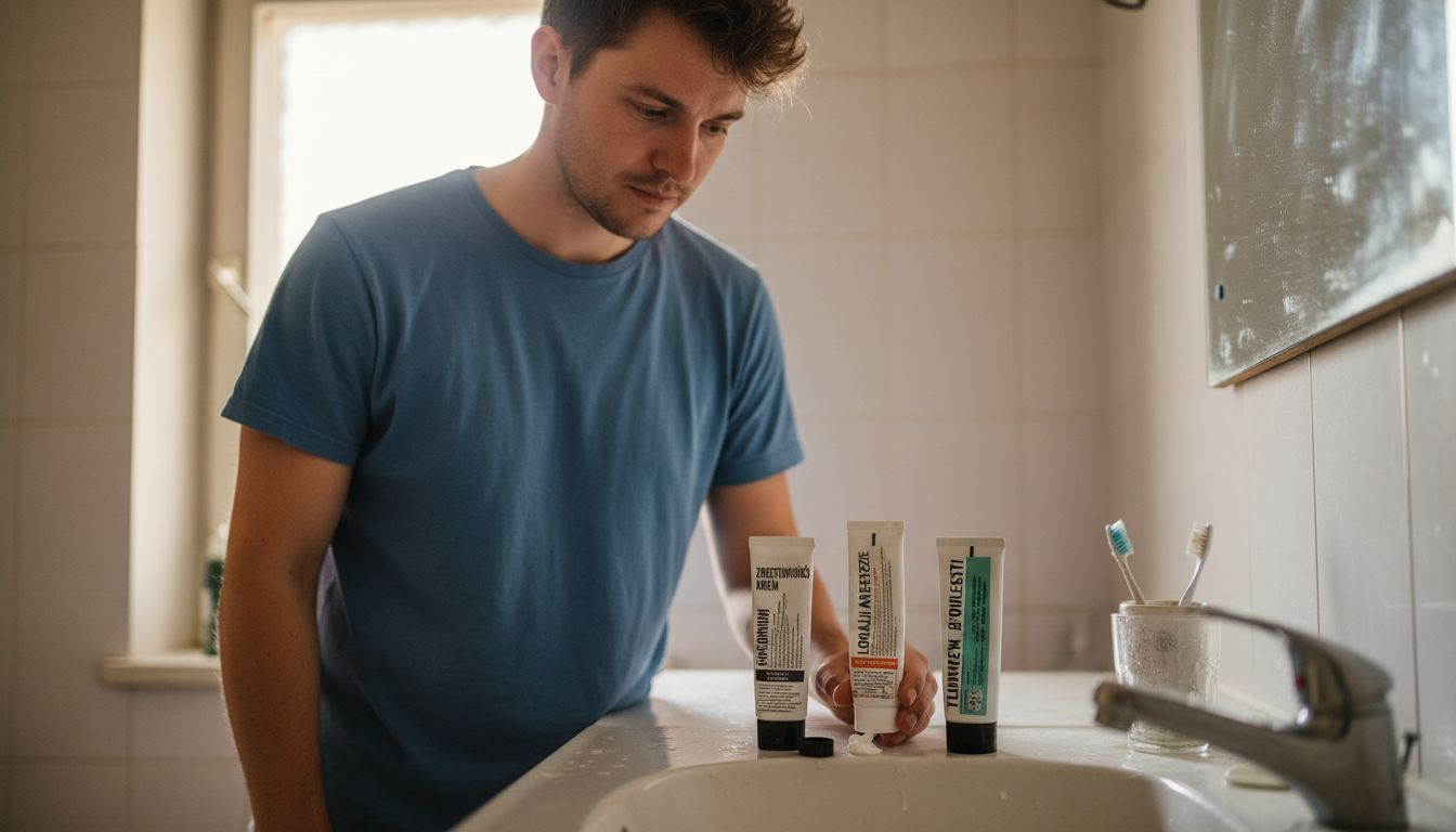 Muž stojí u umyvadla a pečlivě zkoumá různé druhy znecitlivujících krémů.