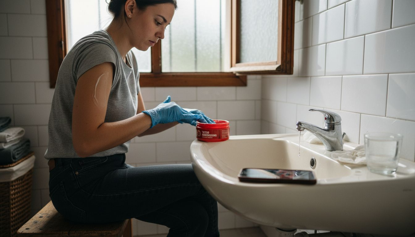 Een vrouw smeert verzachtende crème op haar tattoo om de pijn te verminderen.